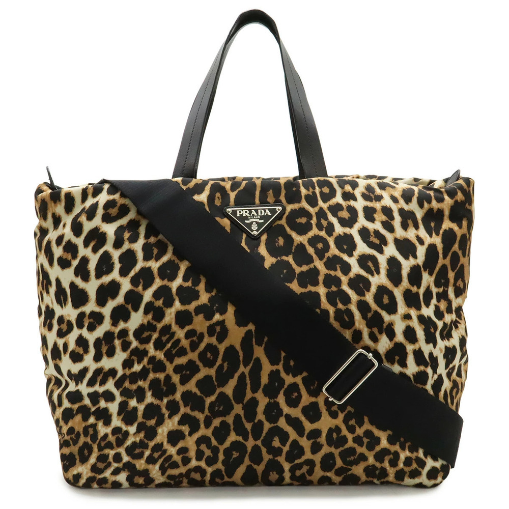 Prada Leopard Tote Bag Big Crossbody Leather Black Beige Cream